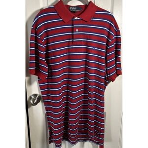 VINTAGE‎ Polo Ralph Lauren Golf Logo Red Blue White Stripe Size L 100% Cotton